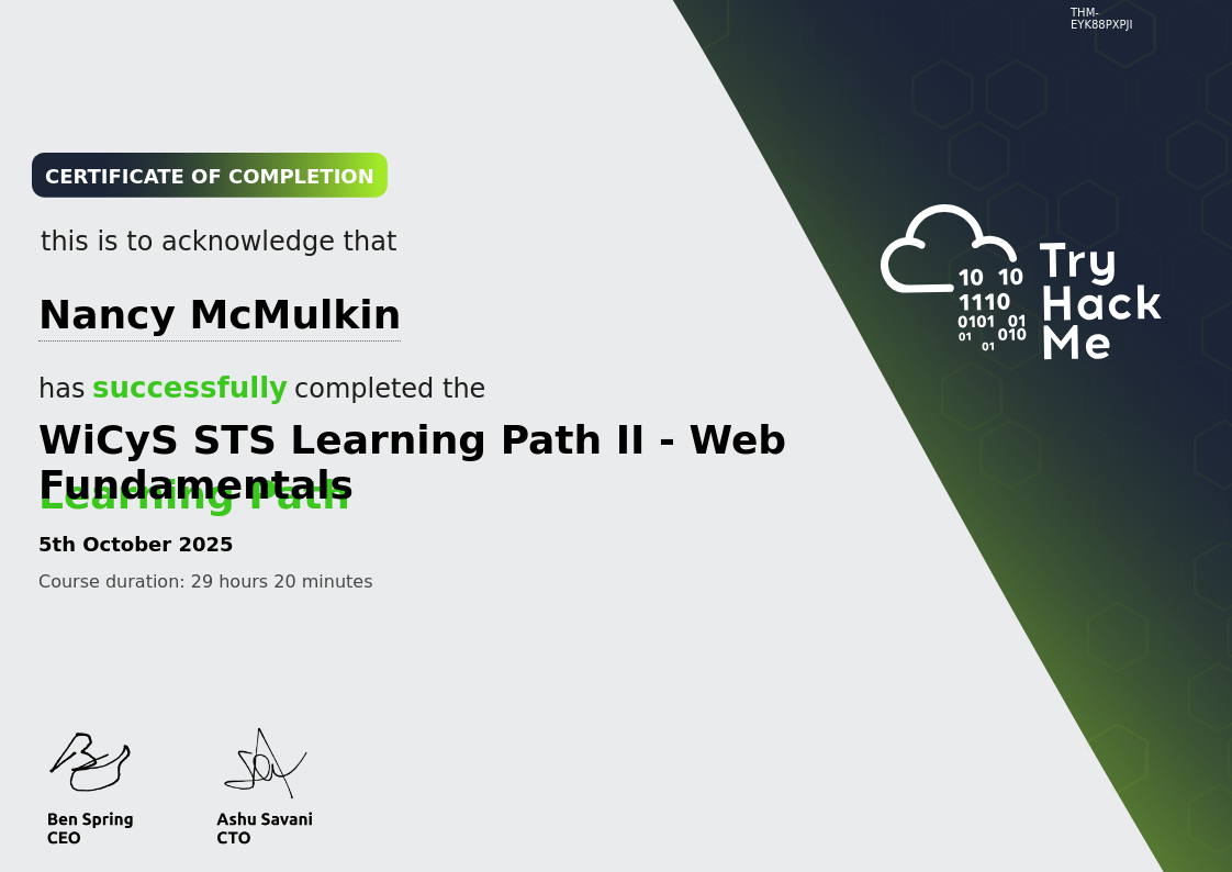TryHackMe | Nancy McMulkin is now skilled in WiCyS STS Learning Path II ...